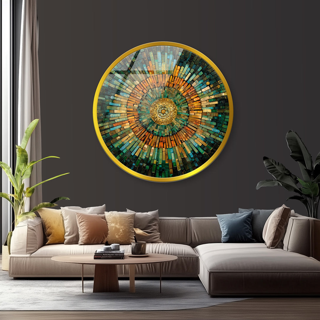 Golden Horizon – Emerald & Amber Mosaic Round Glass Wall Art