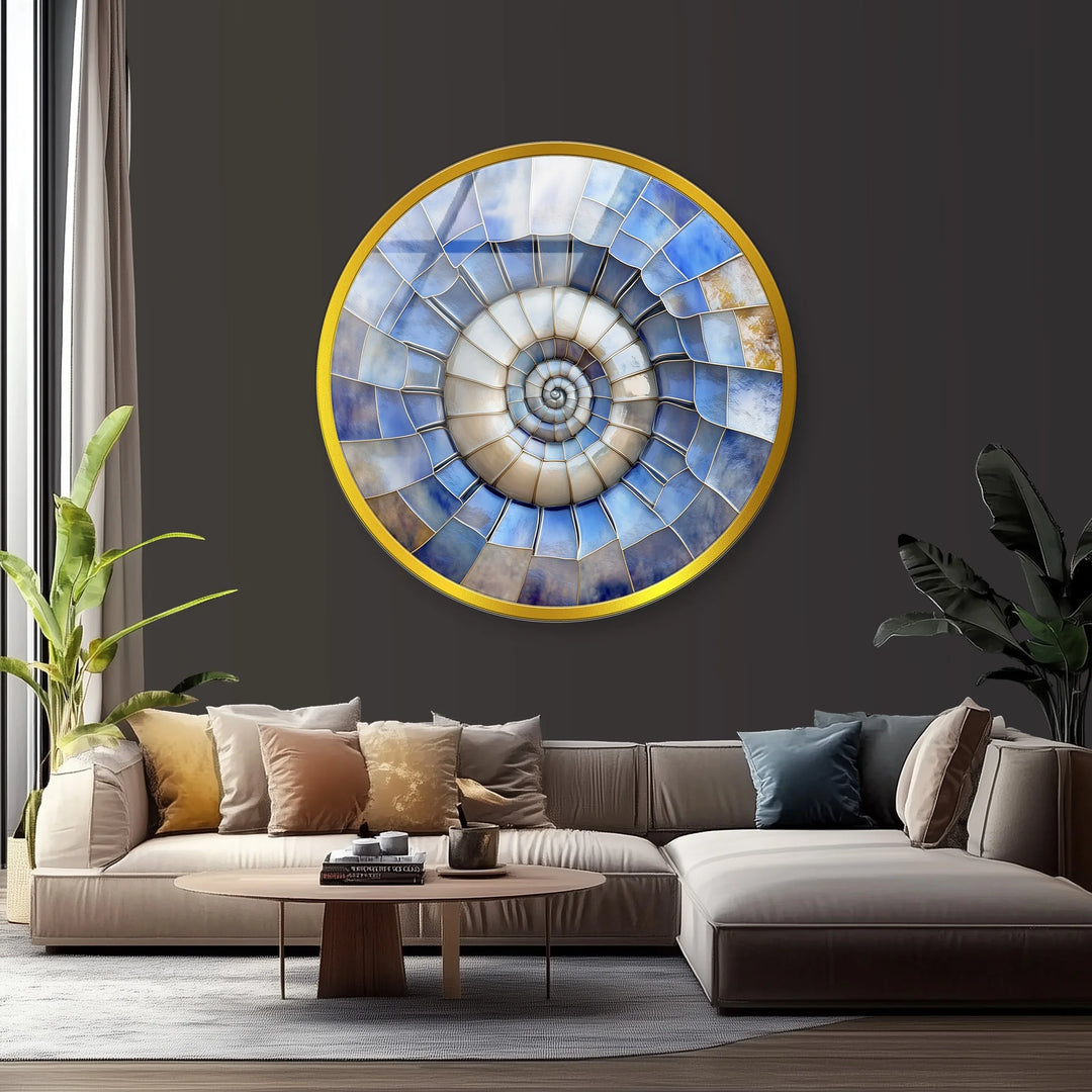 Ocean Spiral Shell – Blue & Sand Round Glass Wall Art - MyPhotoStation