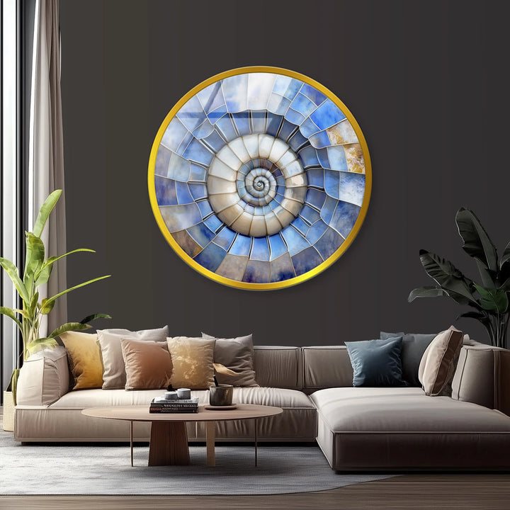 Ocean Spiral Shell – Blue & Sand Round Glass Wall Art - MyPhotoStation