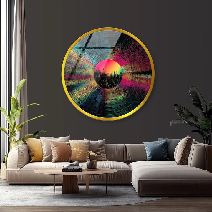 Neon Vinyl Cityscape – Round Glass Wall Art - MyPhotoStation