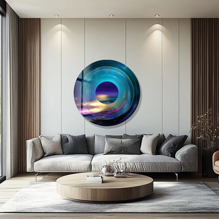 Luminous Horizon – Abstract Ocean View Round Glass Wall Art