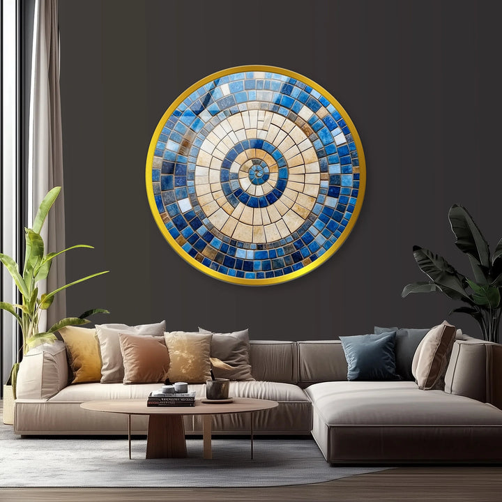 Coastal Sunburst – Beige & Blue Round Glass Wall Art - MyPhotoStation