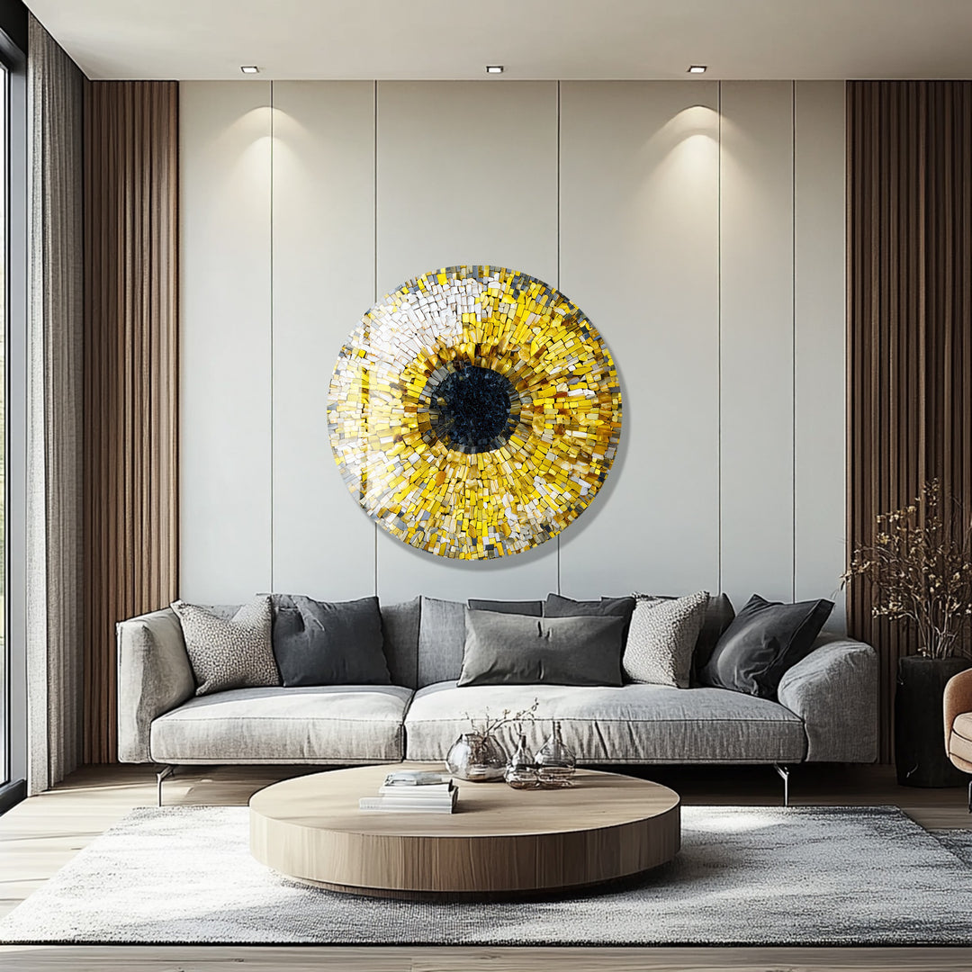 Golden Iris Mosaic – Round Glass Wall Art
