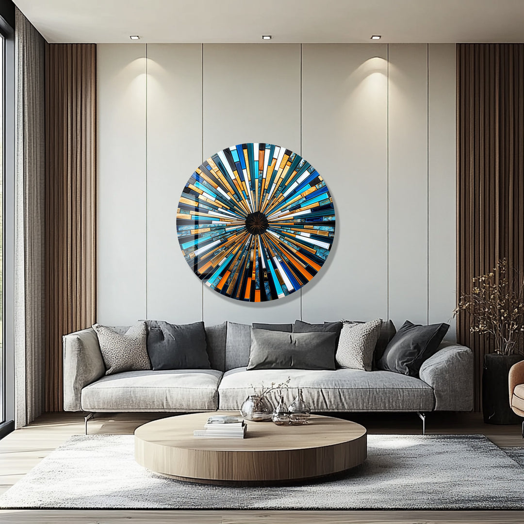 Solar Flare – Blue and Gold Geometric Mosaic Round Glass Wall Art