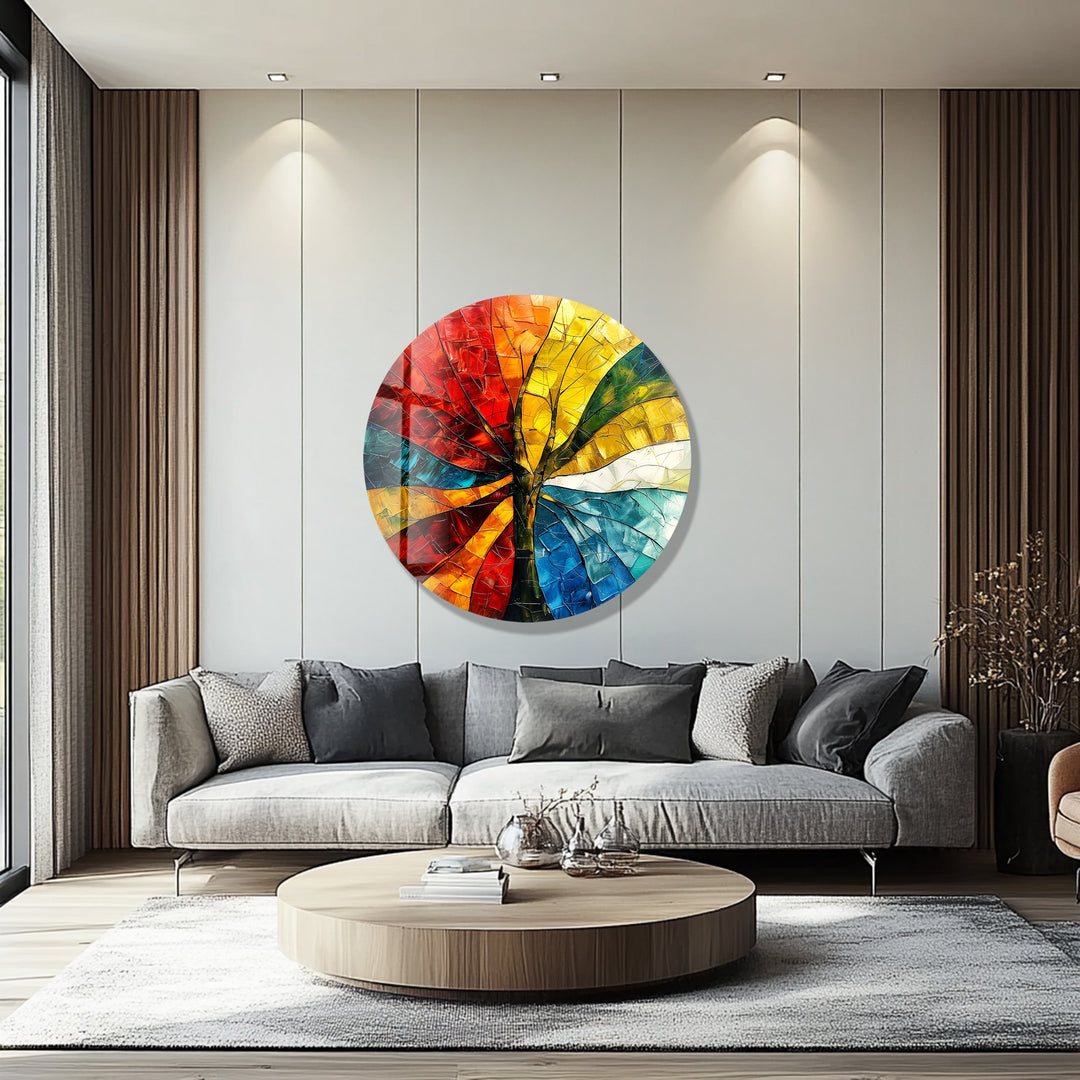 Chromatic Bloom – Multicolor Abstract Tree Round Glass Wall Art