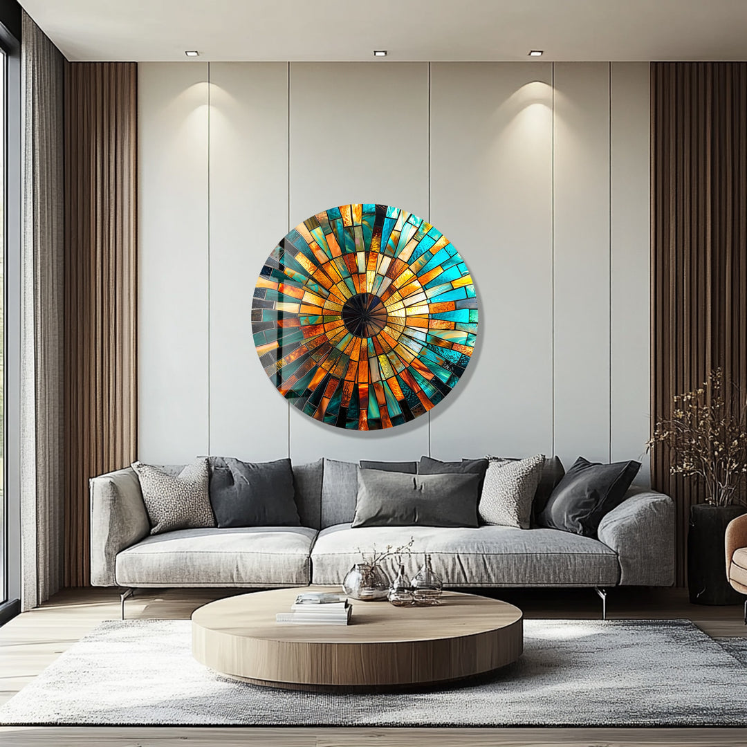 Radiant Sunburst – Golden Mosaic Round Glass Wall Art