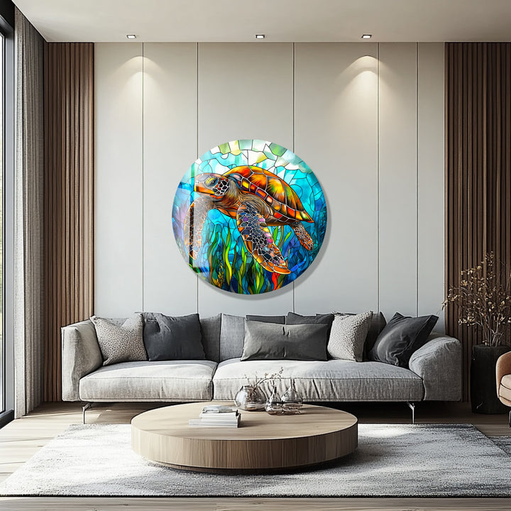 Ocean Voyager – Sea Turtle Round Glass Wall Art