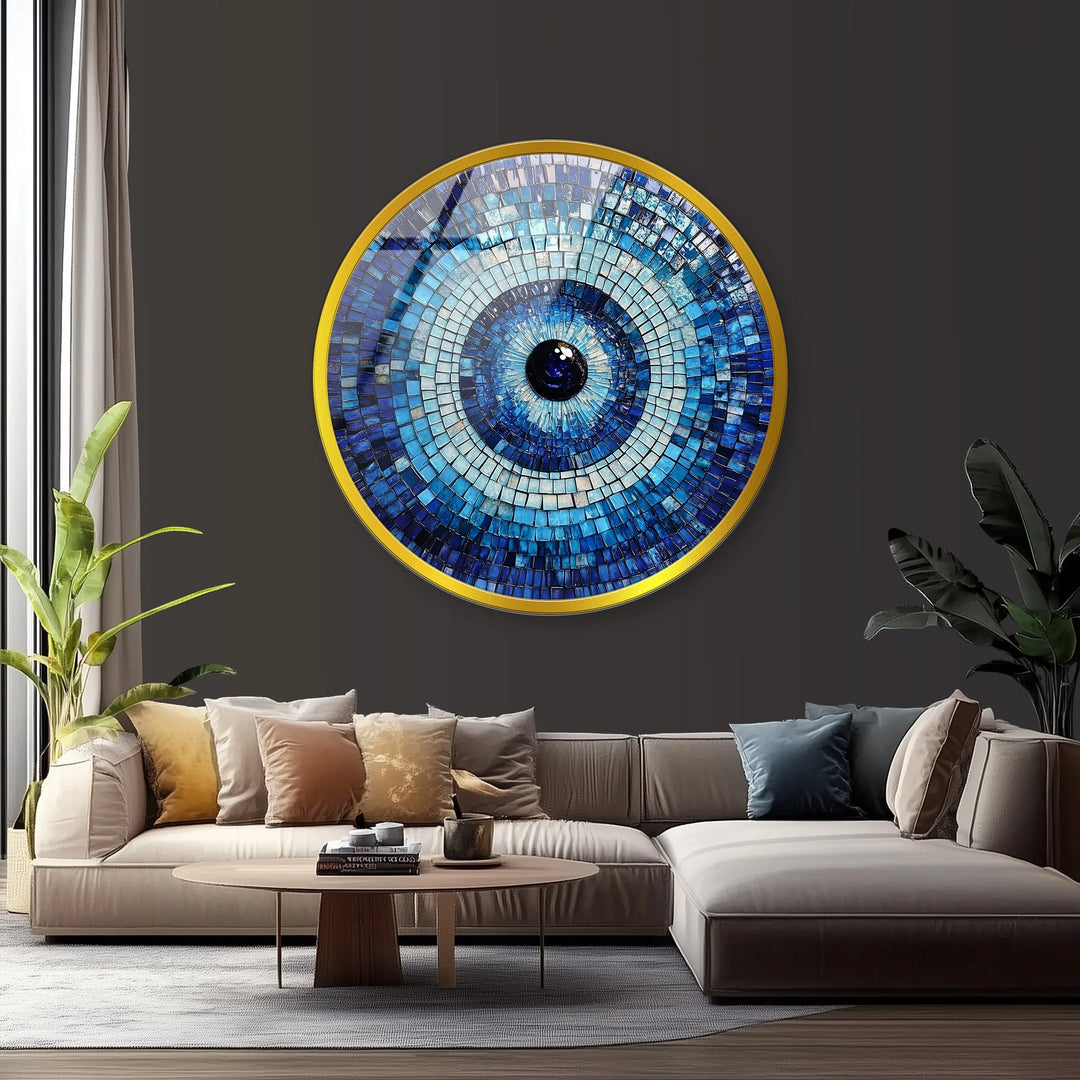 Blue Mosaic Evil Eye – Round Glass Wall Art - MyPhotoStation