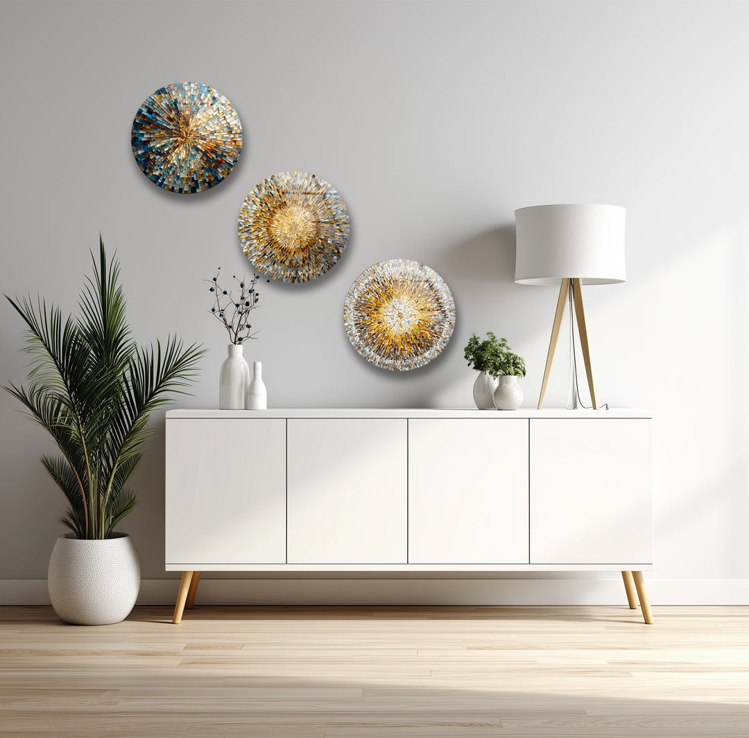 Golden Radiance Quartet – Sunburst Mosaic Round Glass Wall Art Set