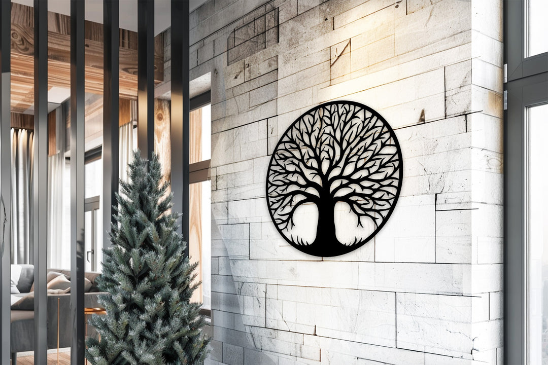 الجذور الأبدية – حياة الشجرة فن جداري معدني