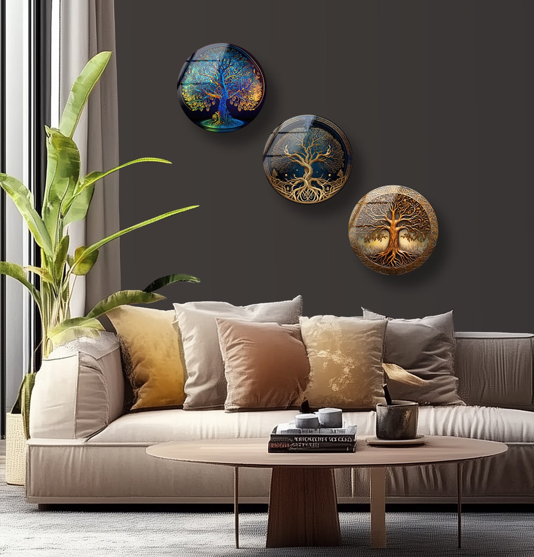 Tree of Life Round Glass Wall Art Set – Spiritual Nature-Inspired Decor