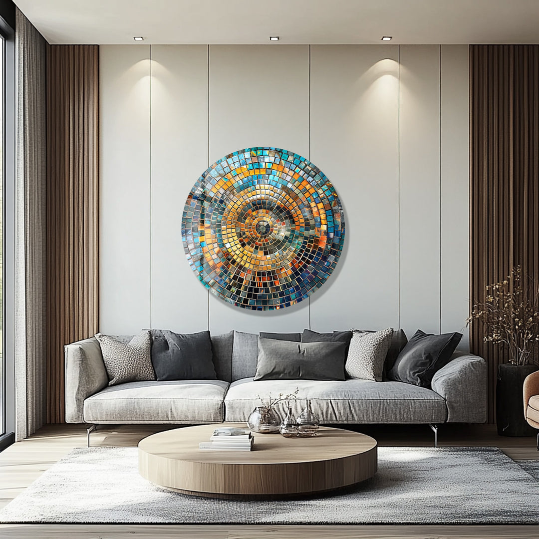 Aurora Mosaic – Radiant Blue and Gold Round Glass Wall Art
