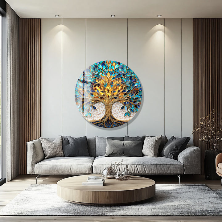 Luminous Harmony Tree – Round Glass Wall Art