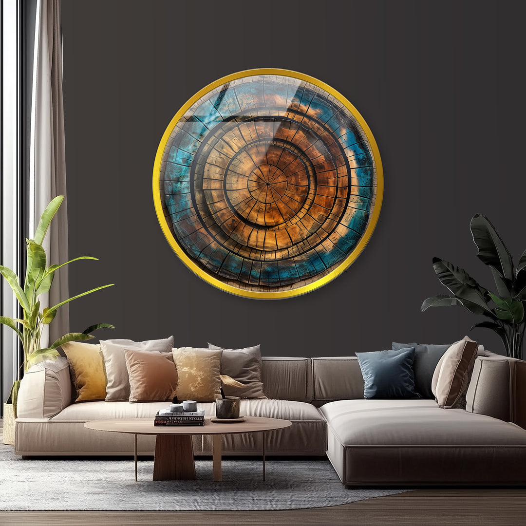 Earthy brown and blue circular glass wall decoration