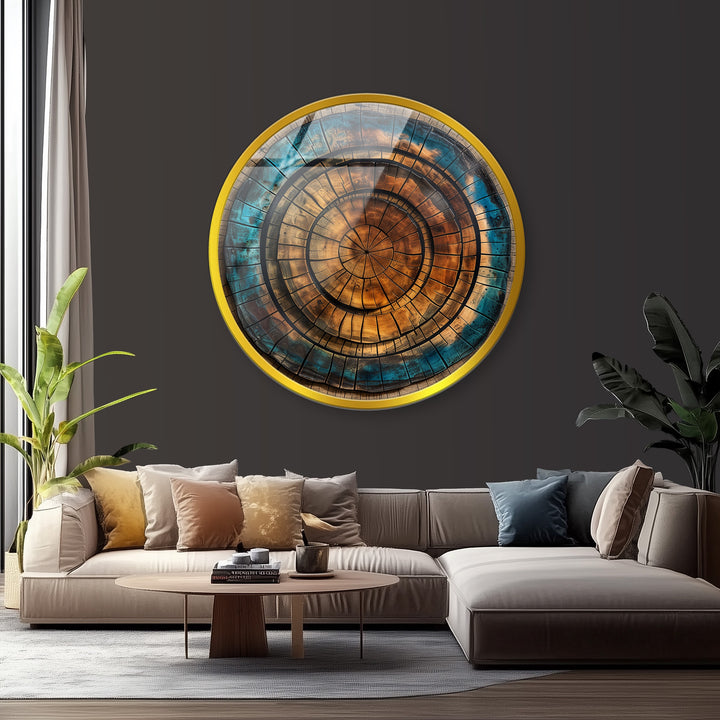 Earthy brown and blue circular glass wall decoration