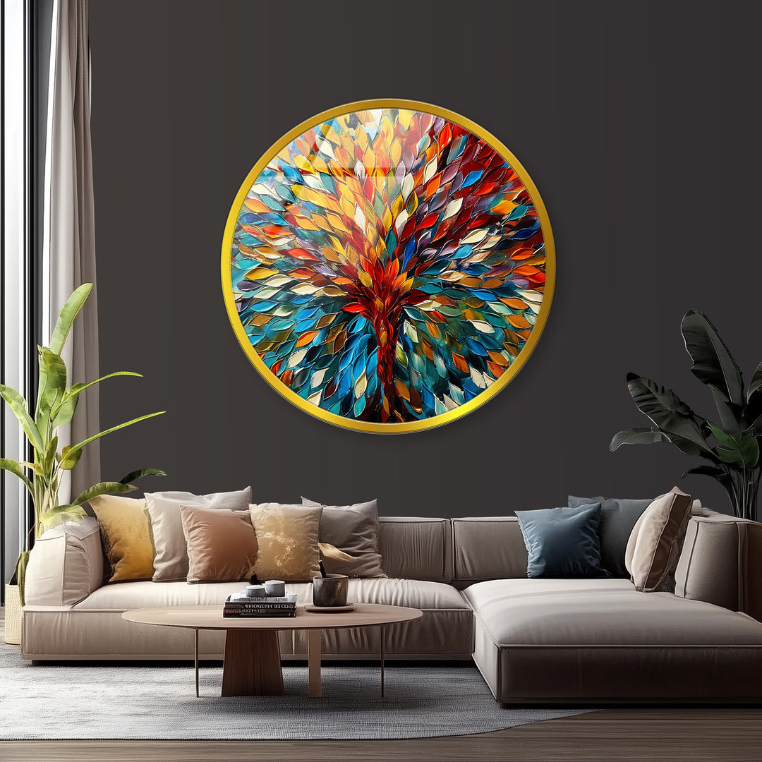 Eternal Bloom – Vibrant Tree of Life Round Glass Wall Art