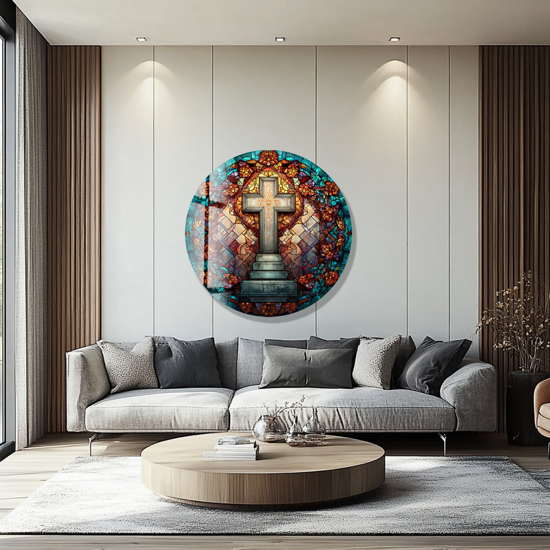 Golden Petal Harmony – Round Glass Wall Art