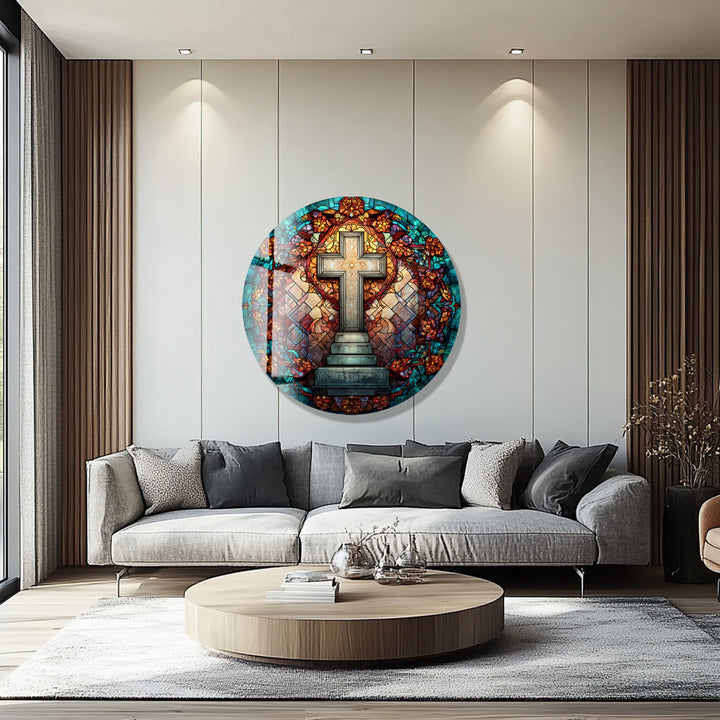 Golden Petal Harmony – Round Glass Wall Art