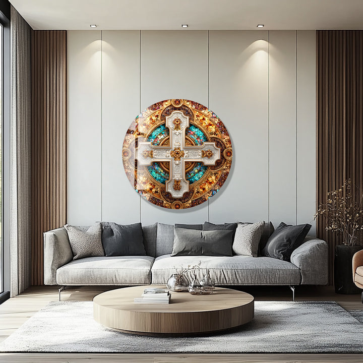 Imperial Cross Mosaic – Round Glass Wall Art