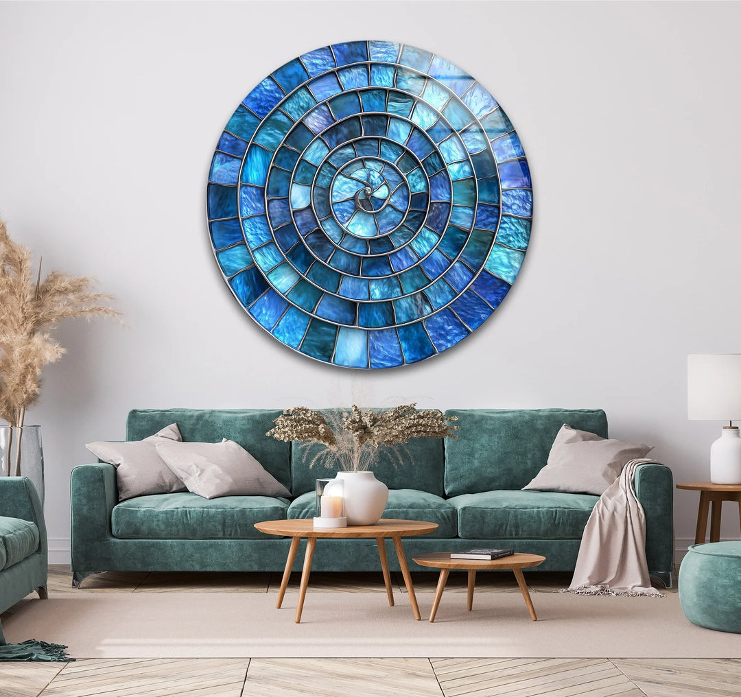 Blue Aqua Spiral Harmony – Round Glass Wall Art - MyPhotoStation