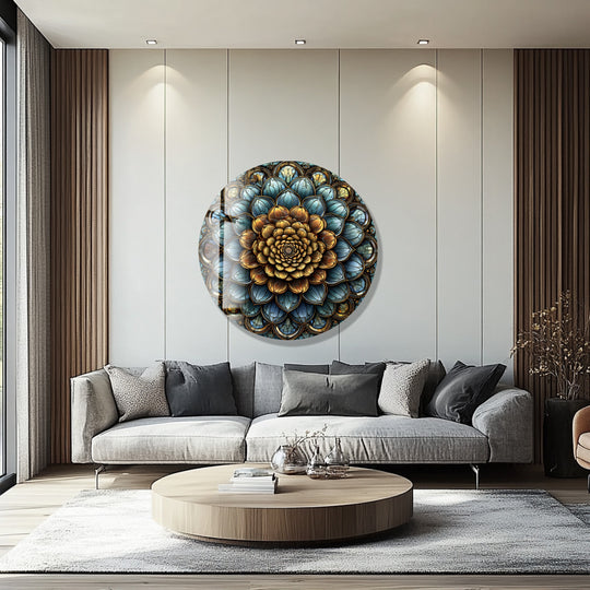 Up-close, the meticulously crafted golden mandala bloom dominates the foreground of this exquisite round hanging wall art in stained-glass style, captivating with its intricate detail.