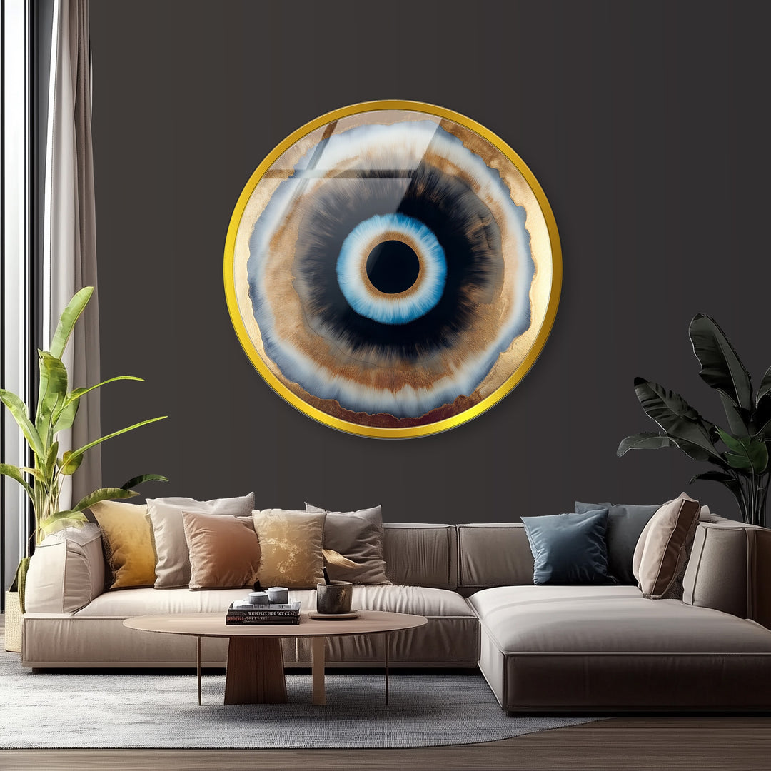 Golden Aura Eye – Modern Abstract Round Glass Wall Art