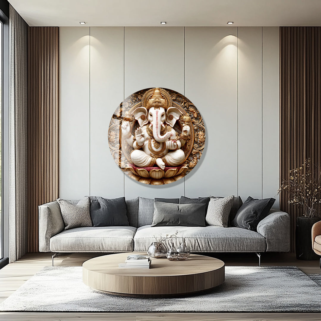 Golden Ganesha Serenity – Round Glass Wall Art