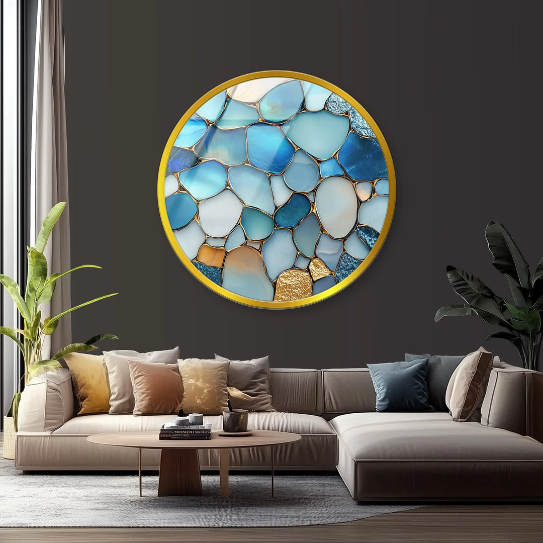 Ocean Blue Stone Mosaic Round Glass Wall Art - MyPhotoStation