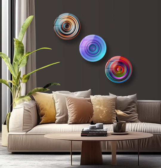 This colorful spiral motif glass wall art set features modern abstract color decor and rainbow tones and vibrant abstract art and creative wall art
