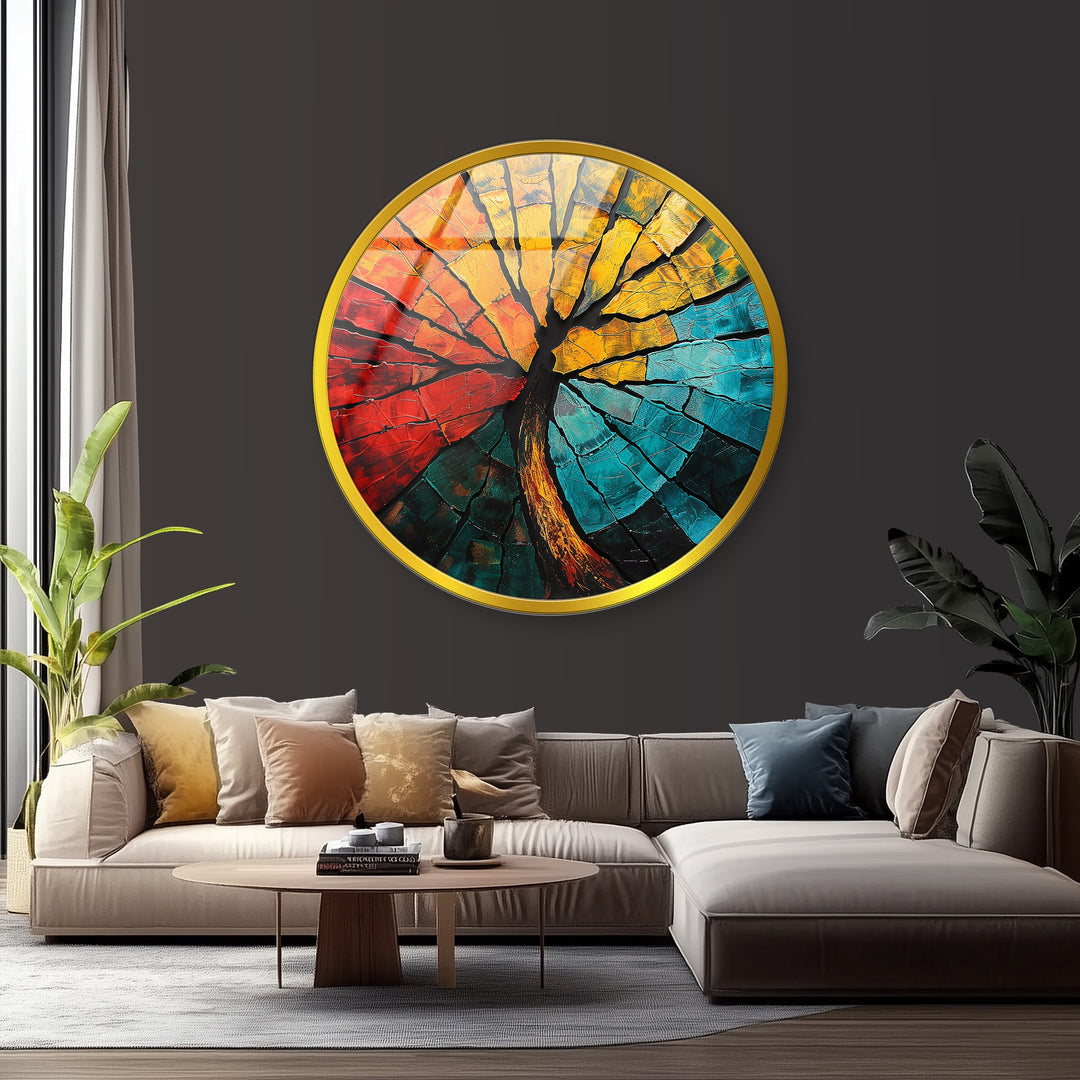Elemental Fusion – Fiery Abstract Tree Round Glass Wall Art