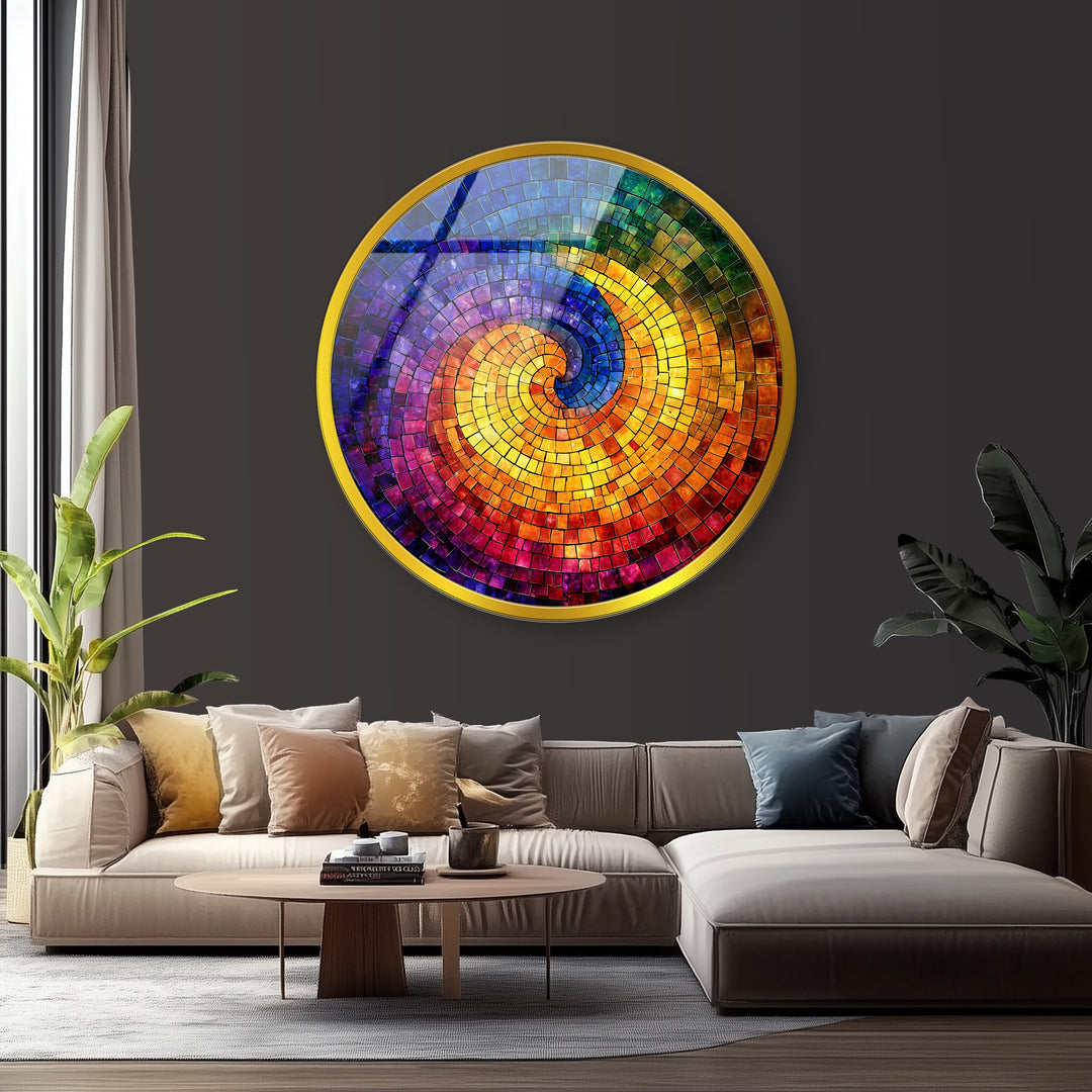 Chromatic Spiral – Vibrant Abstract Mosaic Round Glass Wall Art