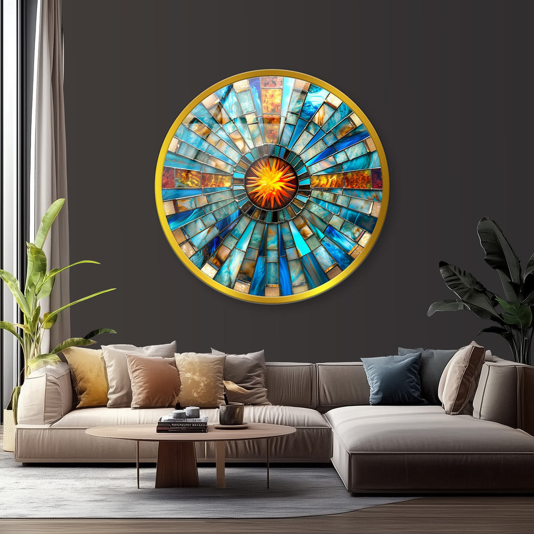 Solar Pulse – Blue & Amber Mosaic Round Glass Wall Art