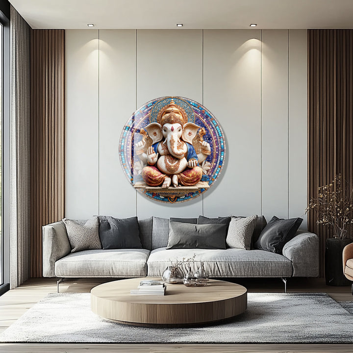 Divine Ganesha Mosaic – Round Glass Wall Art