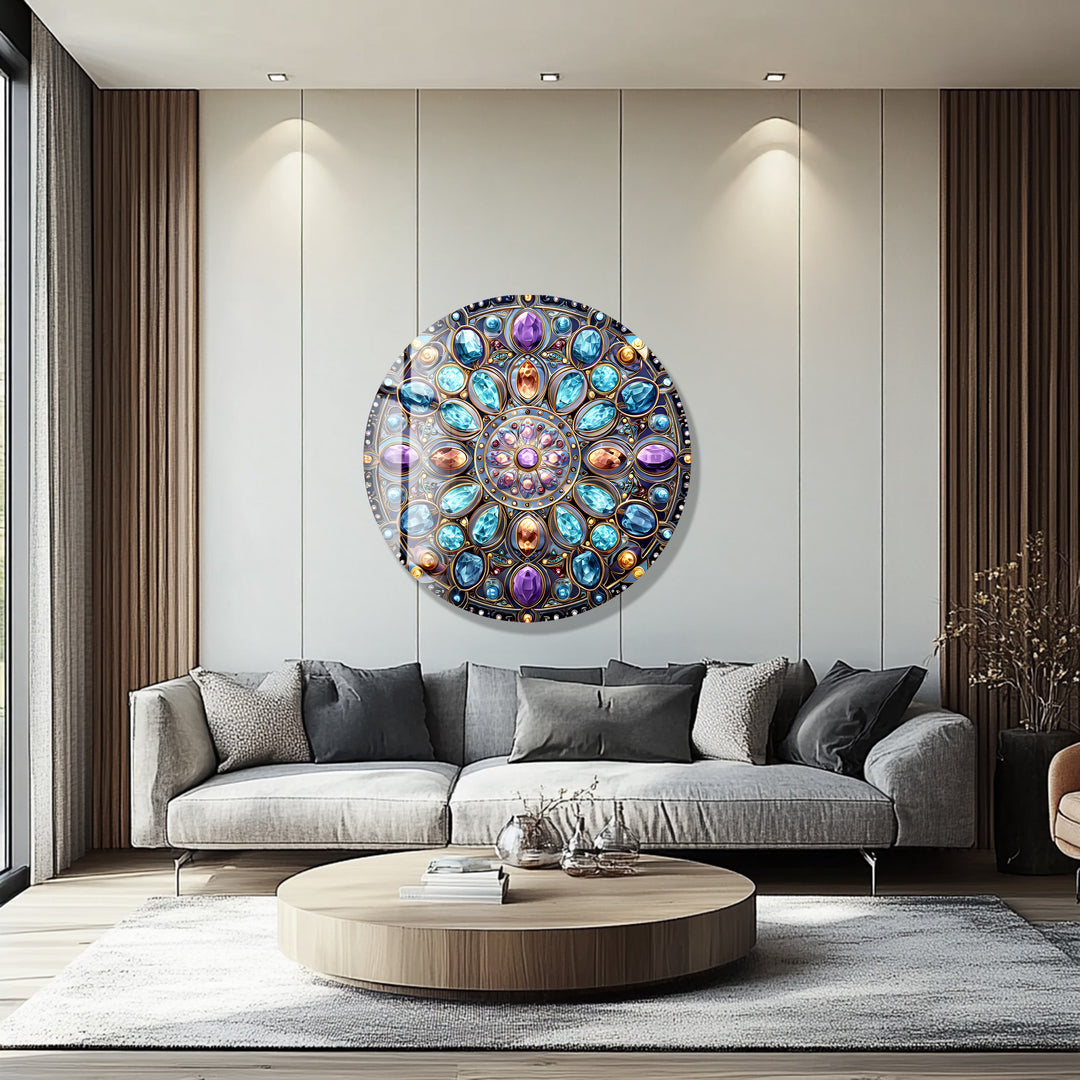 Celestial Jewel Mandala – Round Glass Wall Art