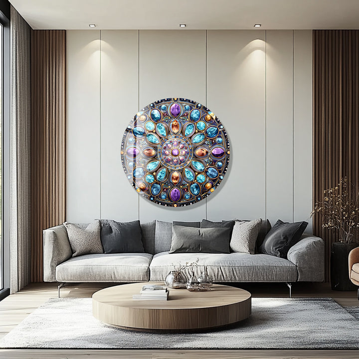Celestial Jewel Mandala – Round Glass Wall Art