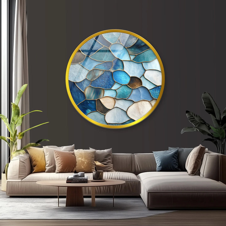 Coastal Blue Stone Mosaic Round Glass Wall Art - MyPhotoStation