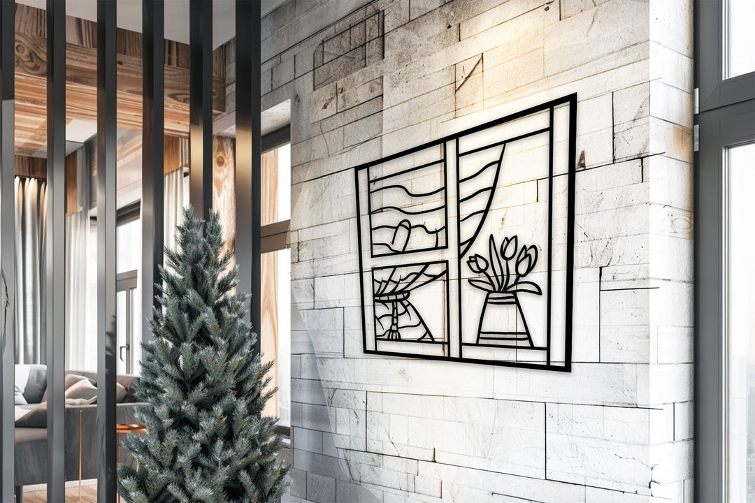 Window with Tulips – Elegant Floral Metal Wall Art