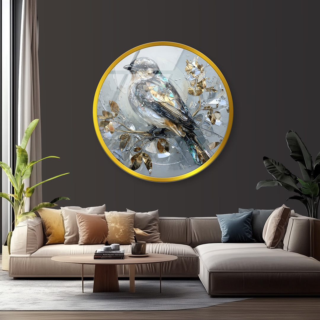 Golden Serenity – Crystal Bird Round Glass Wall Art