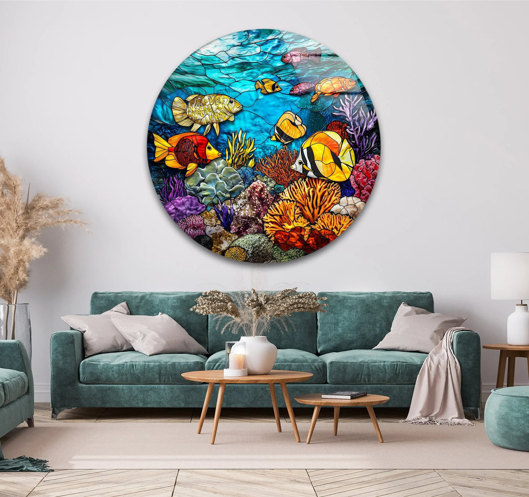 Vibrant Coral Reef Scene – Round Glass Wall Art - MyPhotoStation