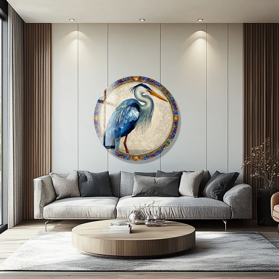 Regal Blue Heron – Round Glass Wall Art