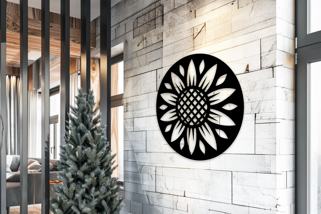 Foreground showcases a meticulously designed decorative metal art piece depicting a sunflower pattern against a textured white brick wall.