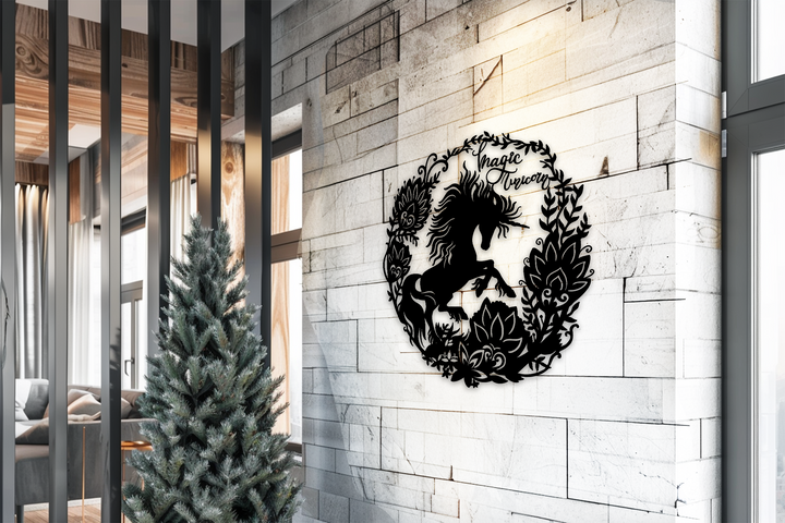 The stillness of the magic unicorn and floral wreath round design is captured in this black metal wall decor art piece.