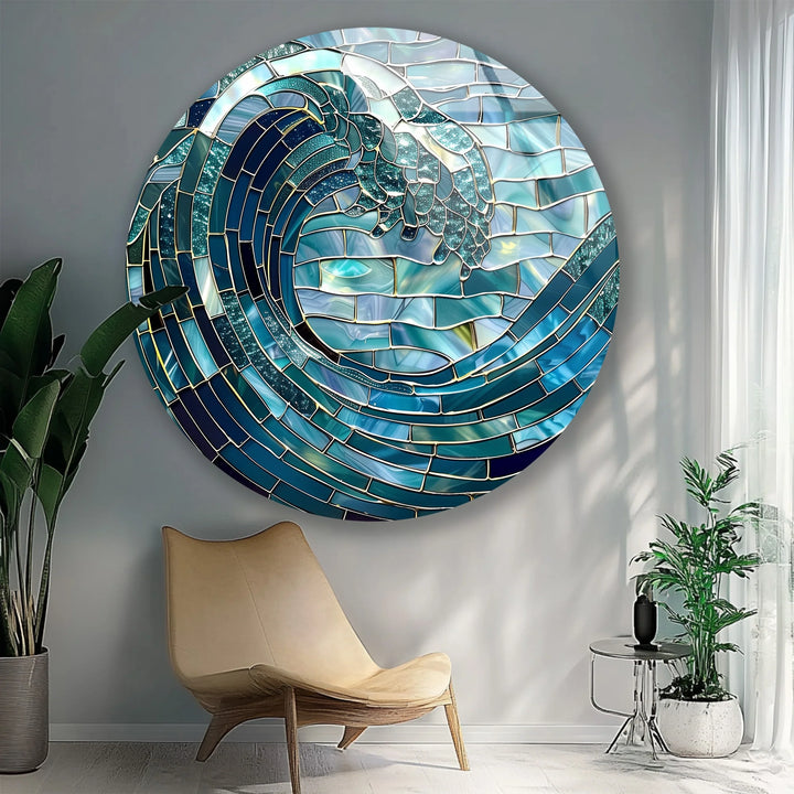 Ocean Wave in Blue Mosaic Round Glass Wall Art - MyPhotoStation