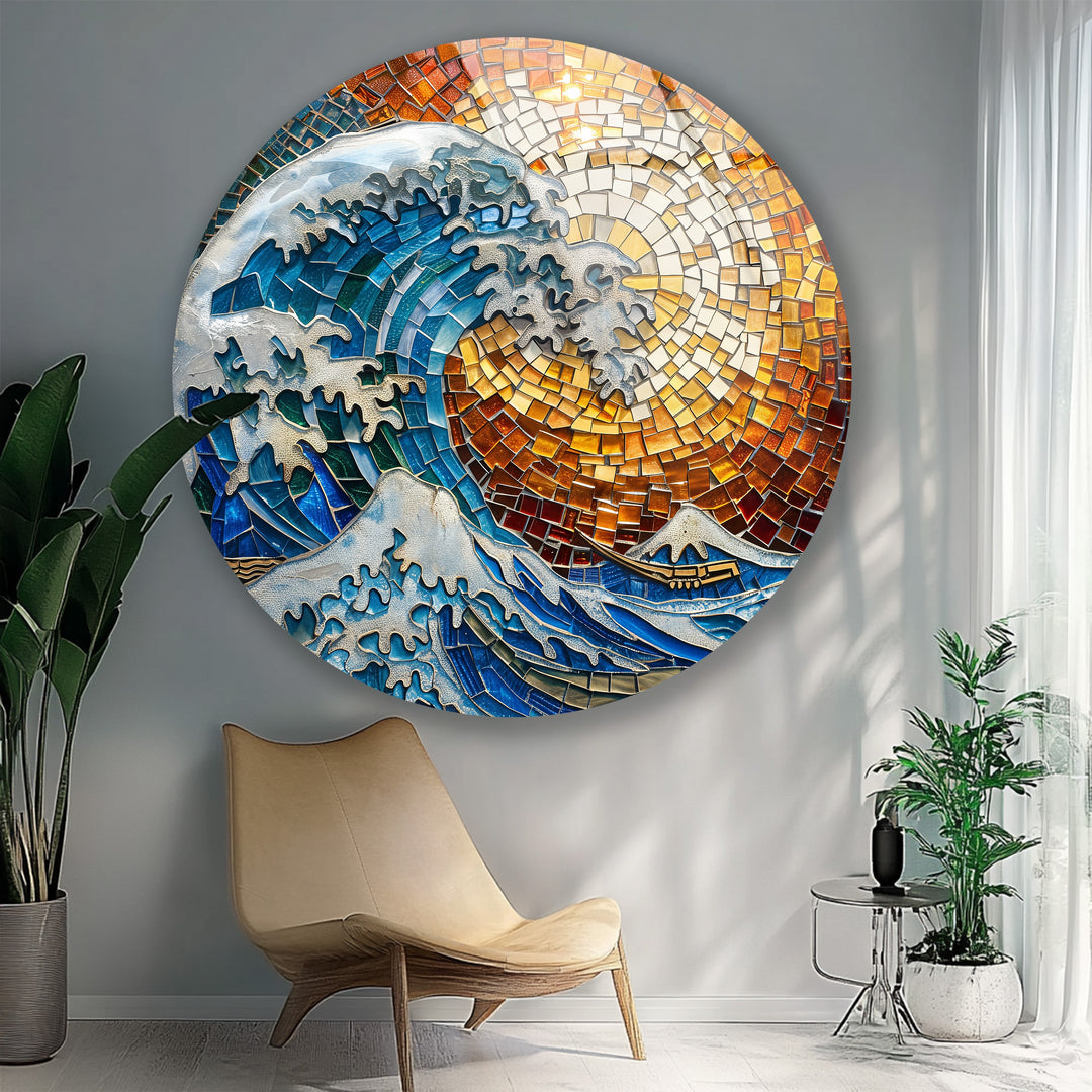 Golden Wave – Mosaic Ocean Round Glass Wall Art