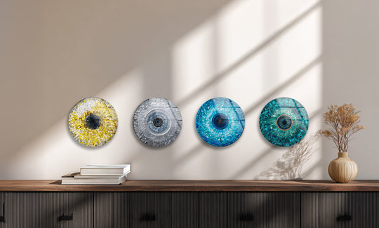 The round glass wall art showcases an evil eye mosaic and is an elegant blue decoration for home decor and this eye art mosaic creates a modern style