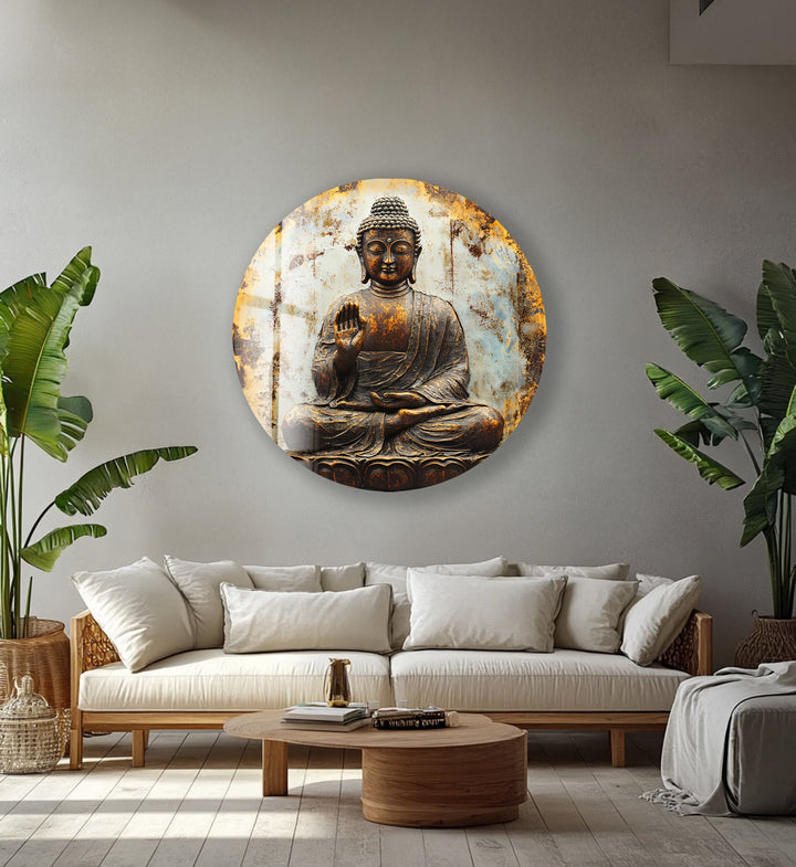 Rustic Buddha Calm – Round Glass Wall Art