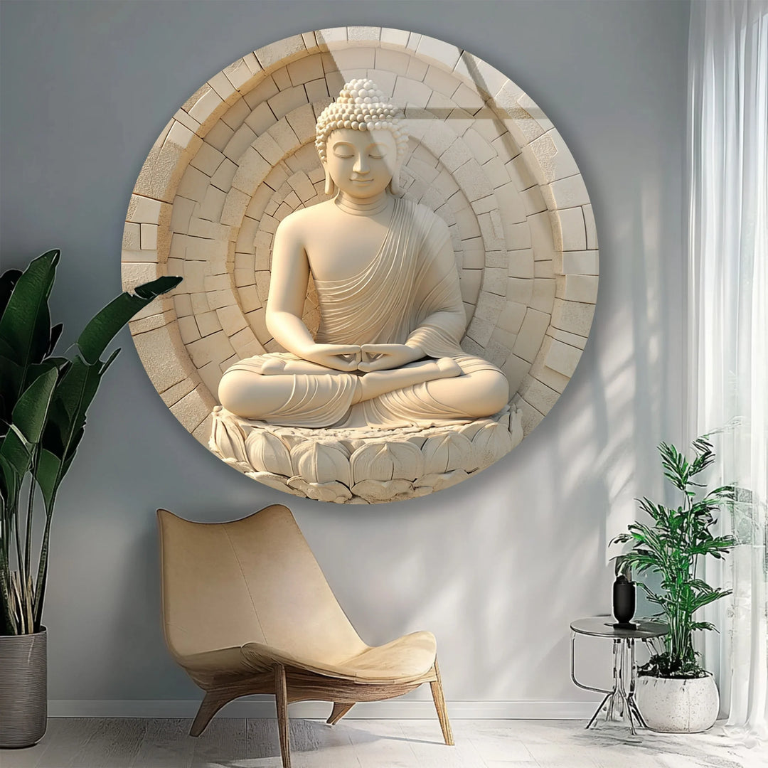 Serene White Buddha in Lotus – Round Glass Wall Art - MyPhotoStation