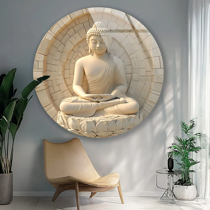 Serene White Buddha in Lotus – Round Glass Wall Art - MyPhotoStation