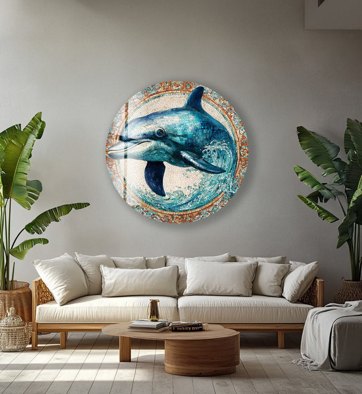 Cerulean Joy Dolphin – Round Glass Wall Art