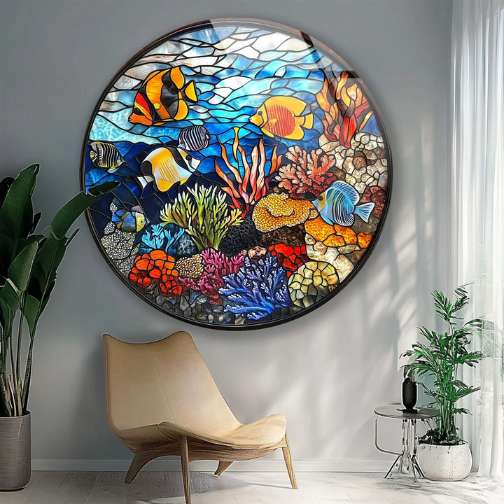 Coral Reef Mosaic Round Glass Wall Art - MyPhotoStation